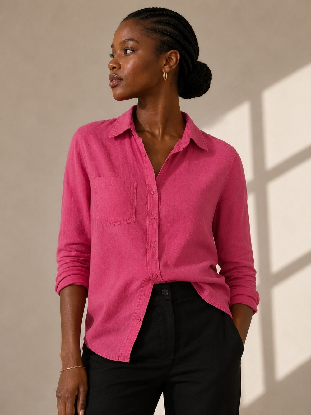 H&M Linen Blend Button-Front Shirt in Magenta - Size Small
